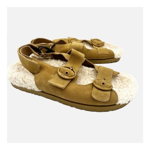 NWT Zara Leather Shearling Buckle Sling Back Flat Sandal Slipper Brown Cream 39 - Picture 3 of 8